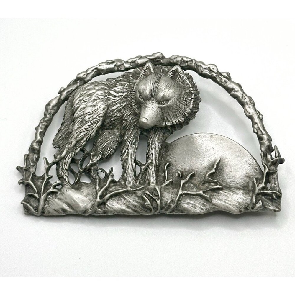 Vintage JJ Jonette 3D Wolf Pin‎ Brooch Wolves in Woods With Moon Metal